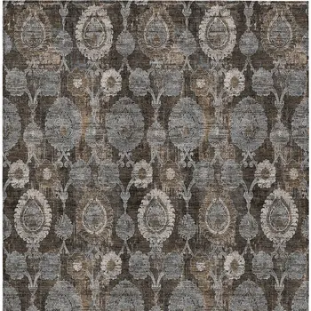 10' X 14' Brown And Beige Damask Washable Indoor Outdoor Area Rug