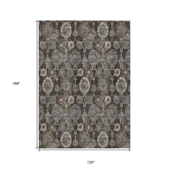 10' X 14' Brown And Beige Damask Washable Indoor Outdoor Area Rug