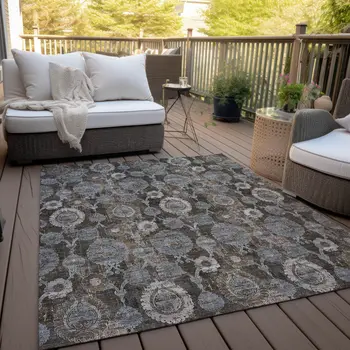 10' X 14' Brown And Beige Damask Washable Indoor Outdoor Area Rug