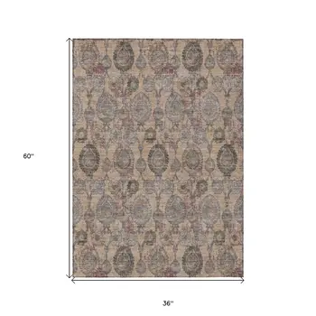 3' X 5' Coral Gray And Green Damask Washable Indoor Outdoor Area Rug
