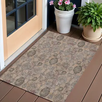 3' X 5' Coral Gray And Green Damask Washable Indoor Outdoor Area Rug