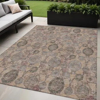 5' X 8' Coral Gray And Green Damask Washable Indoor Outdoor Area Rug