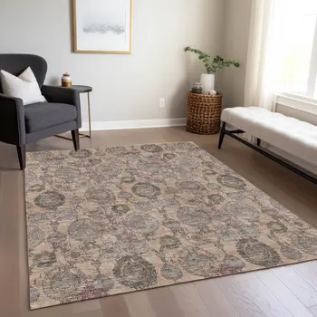 5' X 8' Coral Gray And Green Damask Washable Indoor Outdoor Area Rug