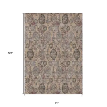 8' X 10' Coral Gray And Green Damask Washable Indoor Outdoor Area Rug