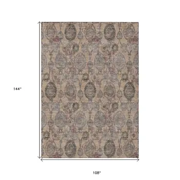 9' X 12' Coral Gray And Green Damask Washable Indoor Outdoor Area Rug