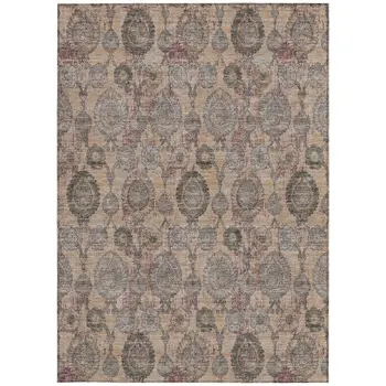10' X 14' Coral Gray And Green Damask Washable Indoor Outdoor Area Rug