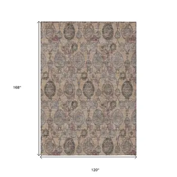 10' X 14' Coral Gray And Green Damask Washable Indoor Outdoor Area Rug