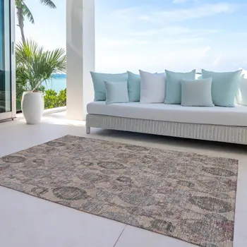 10' X 14' Coral Gray And Green Damask Washable Indoor Outdoor Area Rug