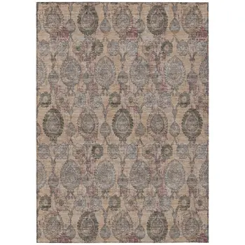 10' X 14' Coral Gray And Green Damask Washable Indoor Outdoor Area Rug