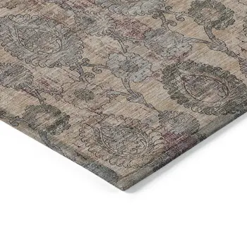 10' X 14' Coral Gray And Green Damask Washable Indoor Outdoor Area Rug