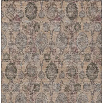 10' X 14' Coral Gray And Green Damask Washable Indoor Outdoor Area Rug