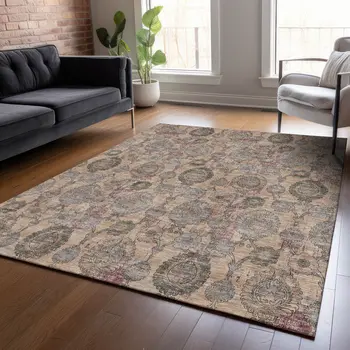 10' X 14' Coral Gray And Green Damask Washable Indoor Outdoor Area Rug