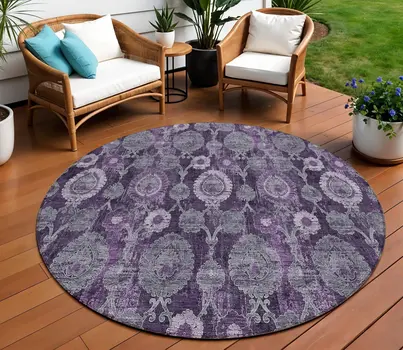 8' Eggplant Purple And Lavender Round Damask Washable Indoor Outdoor Area Rug