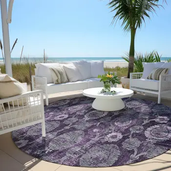 8' Eggplant Purple And Lavender Round Damask Washable Indoor Outdoor Area Rug