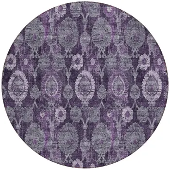 8' Eggplant Purple And Lavender Round Damask Washable Indoor Outdoor Area Rug