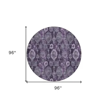 8' Eggplant Purple And Lavender Round Damask Washable Indoor Outdoor Area Rug