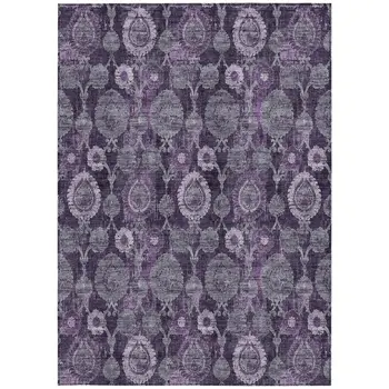 9' X 12' Eggplant Purple And Lavender Damask Washable Indoor Outdoor Area Rug