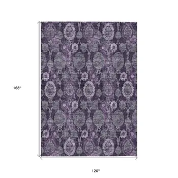 10' X 14' Eggplant Purple And Lavender Damask Washable Indoor Outdoor Area Rug