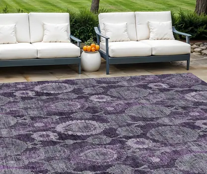 10' X 14' Eggplant Purple And Lavender Damask Washable Indoor Outdoor Area Rug