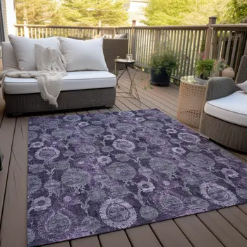 10' X 14' Eggplant Purple And Lavender Damask Washable Indoor Outdoor Area Rug