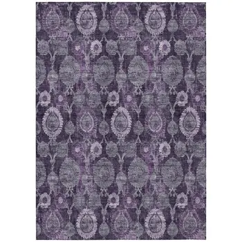 10' X 14' Eggplant Purple And Lavender Damask Washable Indoor Outdoor Area Rug
