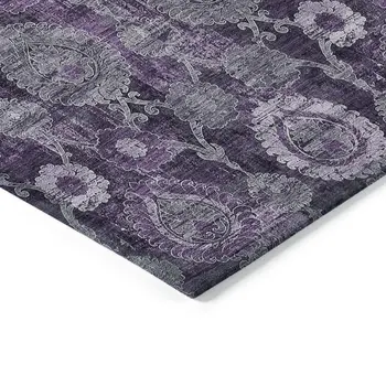 10' X 14' Eggplant Purple And Lavender Damask Washable Indoor Outdoor Area Rug