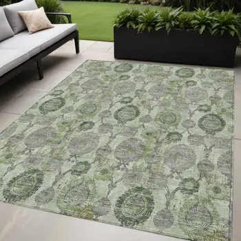 5' X 8' Artichoke Green And Fern Green Damask Washable Indoor Outdoor Area Rug
