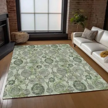 5' X 8' Artichoke Green And Fern Green Damask Washable Indoor Outdoor Area Rug