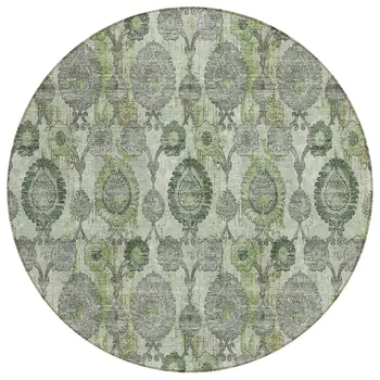 8' Artichoke Green And Fern Green Round Damask Washable Indoor Outdoor Area Rug