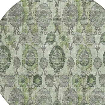 8' Artichoke Green And Fern Green Round Damask Washable Indoor Outdoor Area Rug