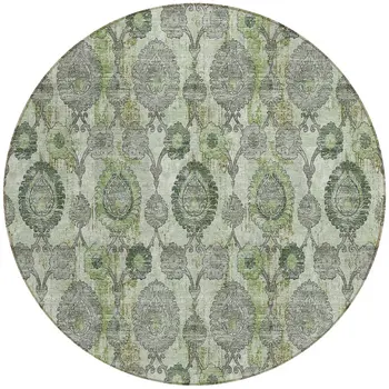8' Artichoke Green And Fern Green Round Damask Washable Indoor Outdoor Area Rug