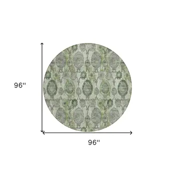 8' Artichoke Green And Fern Green Round Damask Washable Indoor Outdoor Area Rug