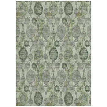 8' X 10' Artichoke Green And Fern Green Damask Washable Indoor Outdoor Area Rug