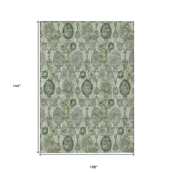 9' X 12' Artichoke Green And Fern Green Damask Washable Indoor Outdoor Area Rug