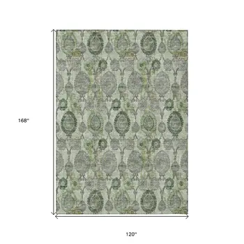 10' X 14' Artichoke Green And Fern Green Damask Washable Indoor Outdoor Area Rug