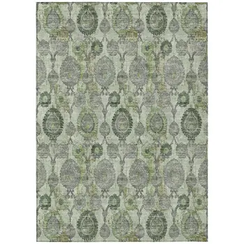 10' X 14' Artichoke Green And Fern Green Damask Washable Indoor Outdoor Area Rug