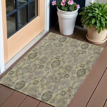3' X 5' Gold Gray And Charcoal Damask Washable Indoor Outdoor Area Rug