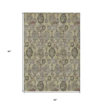 5' X 8' Gold Gray And Charcoal Damask Washable Indoor Outdoor Area Rug