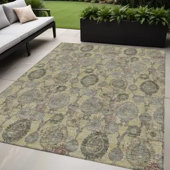5' X 8' Gold Gray And Charcoal Damask Washable Indoor Outdoor Area Rug