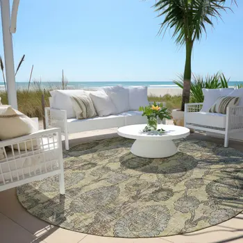 8' Gold Gray And Charcoal Round Damask Washable Indoor Outdoor Area Rug