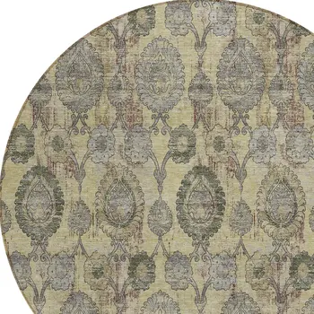 8' Gold Gray And Charcoal Round Damask Washable Indoor Outdoor Area Rug