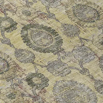 8' Gold Gray And Charcoal Round Damask Washable Indoor Outdoor Area Rug