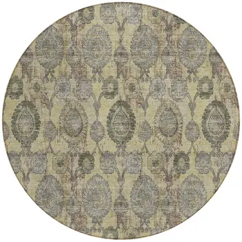 8' Gold Gray And Charcoal Round Damask Washable Indoor Outdoor Area Rug