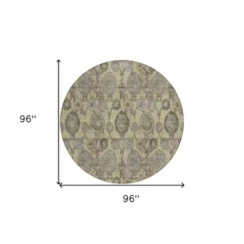 8' Gold Gray And Charcoal Round Damask Washable Indoor Outdoor Area Rug