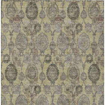 8' X 10' Gold Gray And Charcoal Damask Washable Indoor Outdoor Area Rug