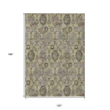 10' X 14' Gold Gray And Charcoal Damask Washable Indoor Outdoor Area Rug