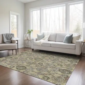 10' X 14' Gold Gray And Charcoal Damask Washable Indoor Outdoor Area Rug