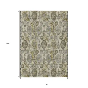 3' X 5' Khaki Beige And Gold Damask Washable Indoor Outdoor Area Rug