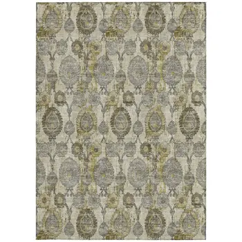 5' X 8' Khaki Beige And Gold Damask Washable Indoor Outdoor Area Rug