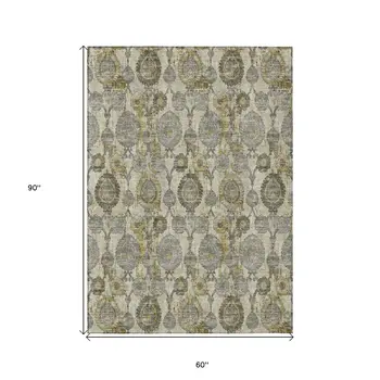 5' X 8' Khaki Beige And Gold Damask Washable Indoor Outdoor Area Rug